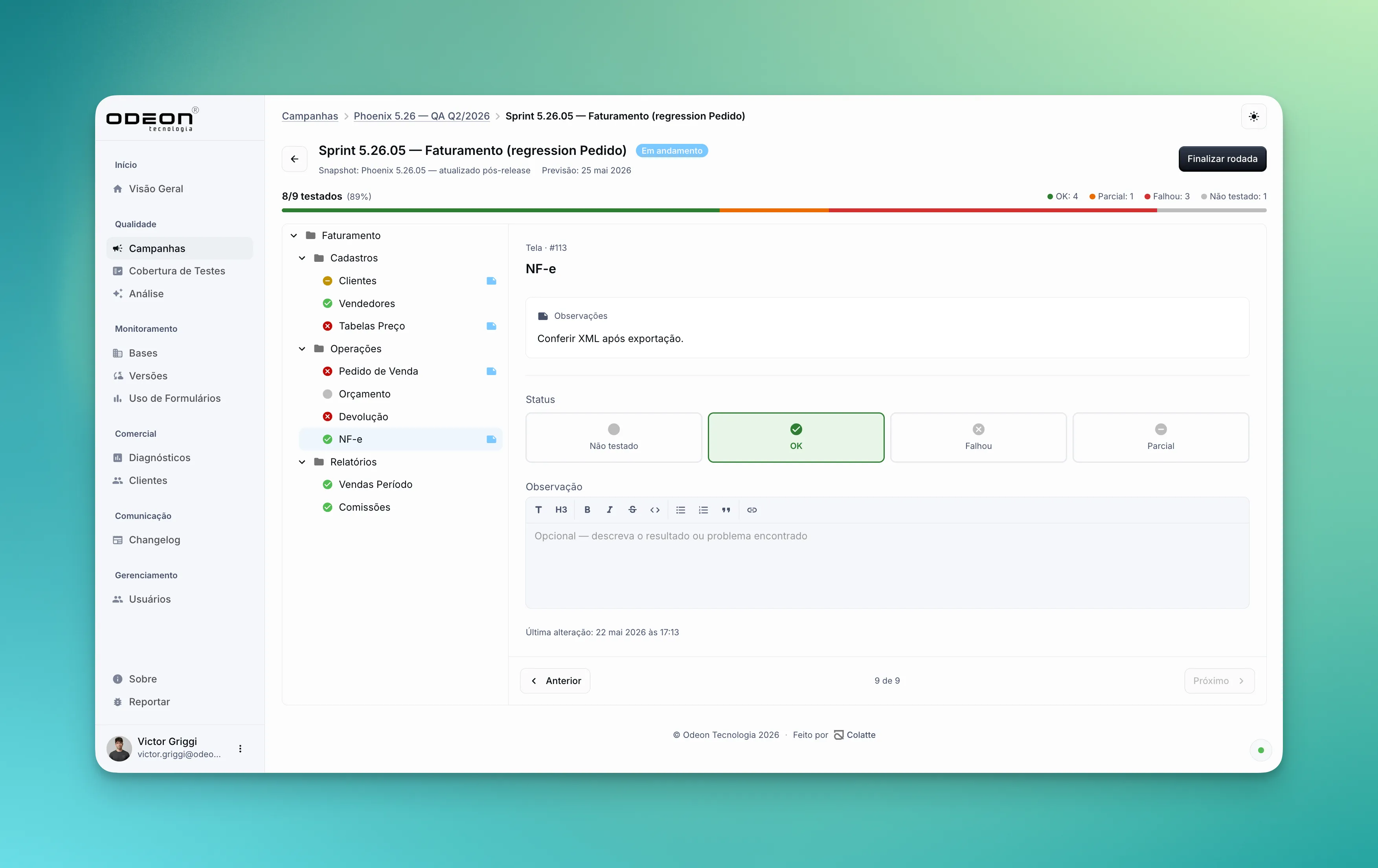 Execução de um ciclo de testes